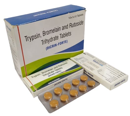 DICRIN-FORTE (Trypsin & 48mg+Bromelain 90mg+Rutoside Trihydrate 100mgTabs.)